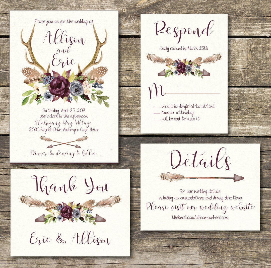 Printable Marsala Wedding Invitation Template, Wedding Invitation Printable, Boho, Rustic ...