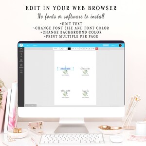 May include: A computer screen displaying a web browser with a design template for a wedding favor tag. The template features a floral design with blue and green accents. The text on the screen reads "Edit in your web browser. No fonts or software to install. ~Edit text ~Change font size and font color ~Change background color ~Print multiple per page".