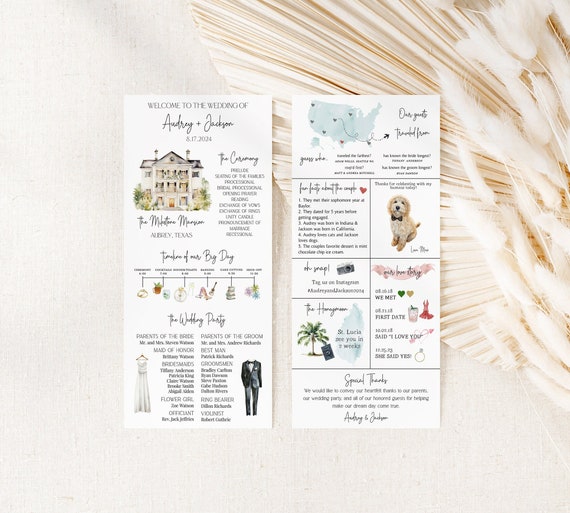 Infographic Wedding Program Template, Church Wedding Ceremony Program, Wedding Day Timeline Program Card, Modern Infographic Program 4x9