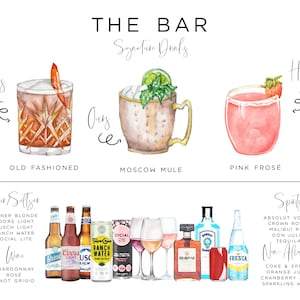 Puede incluir: Un men&uacute; de bar de boda con ilustraciones de acuarela de c&oacute;cteles. El men&uacute; incluye bebidas de autor para la novia y el novio, as&iacute; como una lista de cervezas, vinos, licores y opciones sin alcohol.