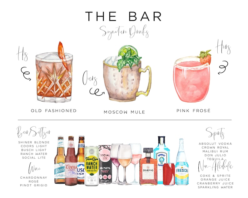 Puede incluir: Un men&uacute; de bar de boda con ilustraciones de acuarela de c&oacute;cteles. El men&uacute; incluye bebidas de autor para la novia y el novio, as&iacute; como una lista de cervezas, vinos, licores y opciones sin alcohol.
