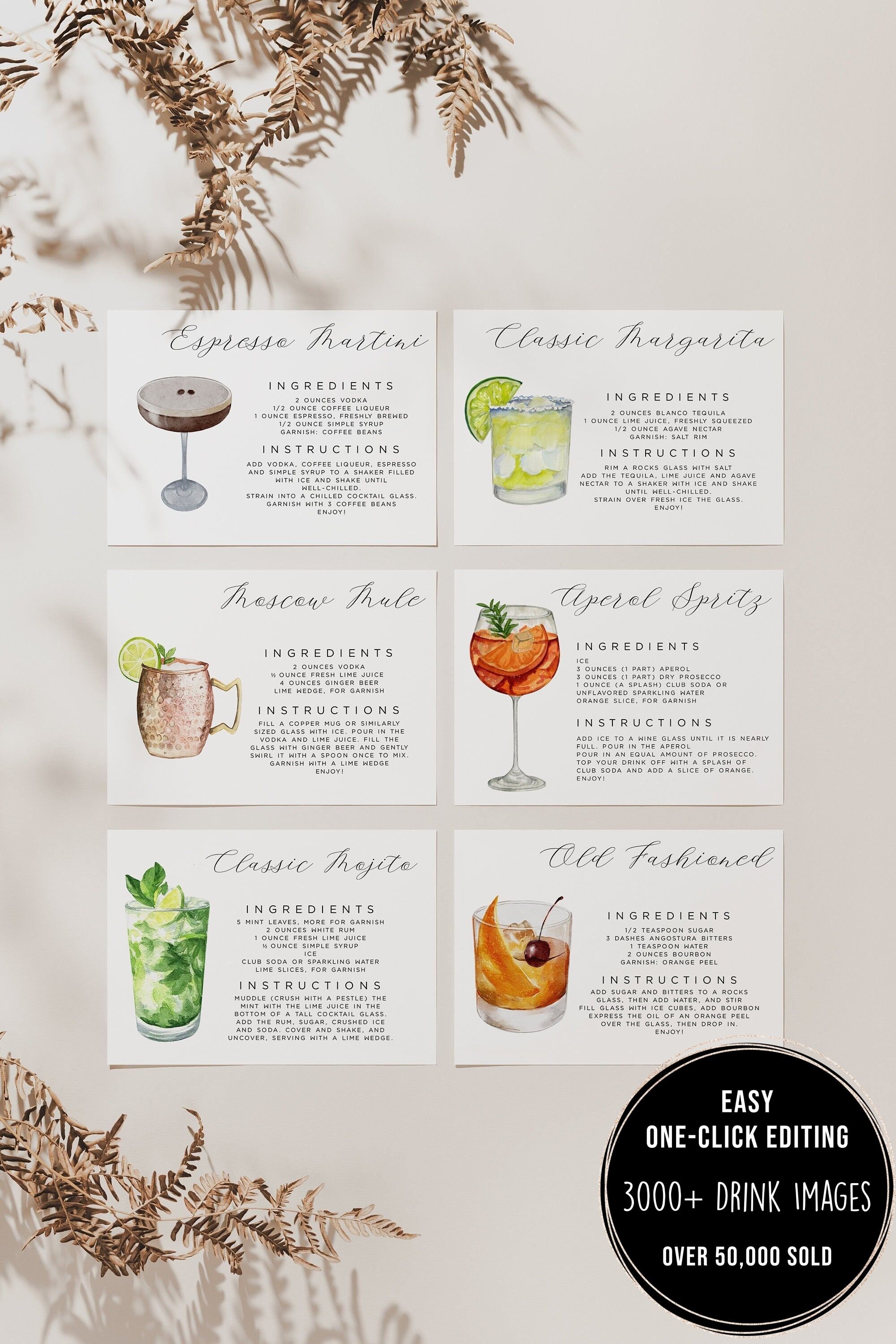 Cocktail Recipe Cards Template Editable Drink Recipe Card