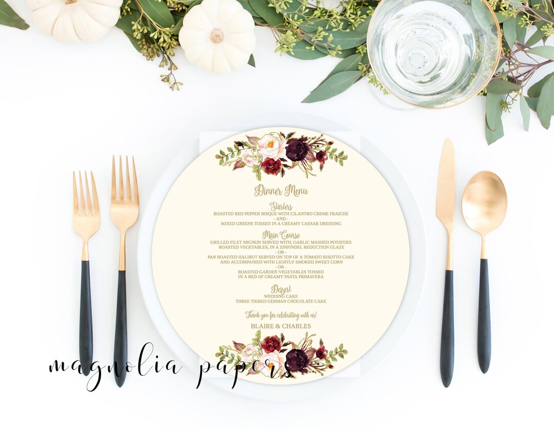 Round Dinner Menu Template, Printable Round Wedding Dinner Menu ...