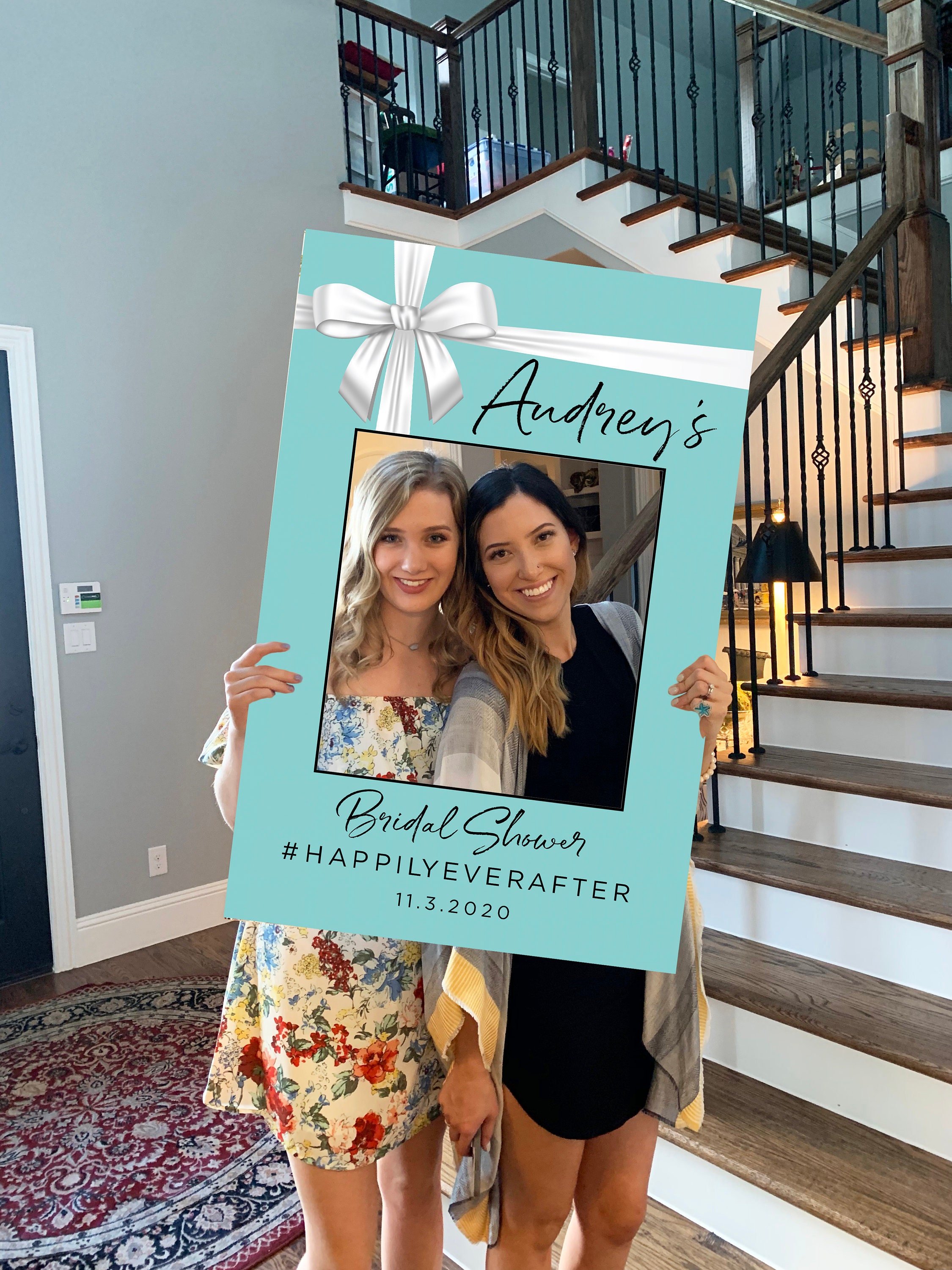 Photo Prop Frame PRINTED Ready to Use White Bow Bridal Shower Photo Prop Frame Bride Co Blue Frame Audrey Hepburn Breakfast