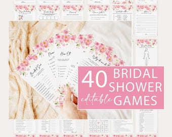 May include: A collection of 40 bridal shower game cards featuring a pink floral border at the top. The cards include various activities like Bridal Scramble, Guess the Dress, and Date Night, with black text on white paper and a large pink overlay.