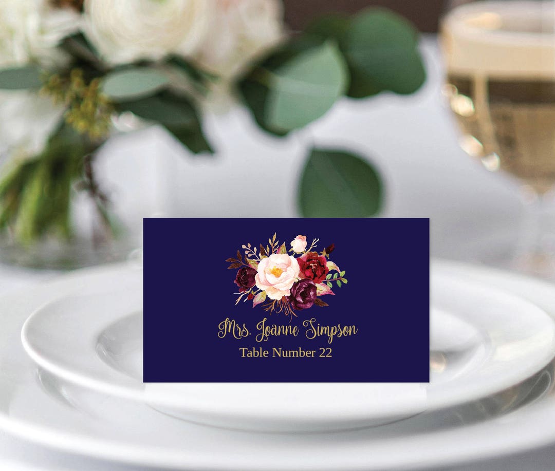Place Cards Template Printable / Editable - Floral Watercolor- Navy ...
