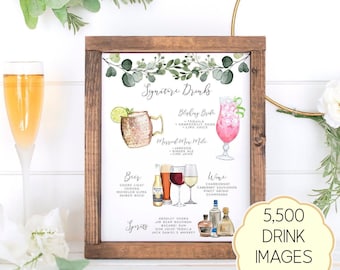 Signature Drinks Sign, Editable Signature Cocktails Template, Bar Menu Sign Template, Signature Drinks Sign, 7,000+ Drink Images, Greenery