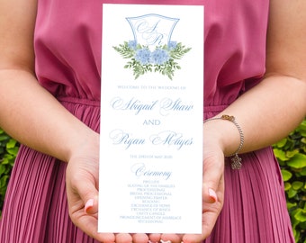 Blue Hydrangea Wedding Program Template: Classic Crest (DIY 4x9)