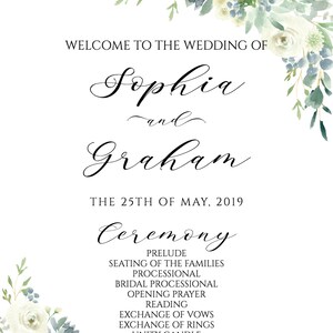 May include: Wedding ceremony program with a watercolor floral design featuring white and blue flowers. The program lists the order of events for the wedding of Sophia and Graham on May 25th, 2019.