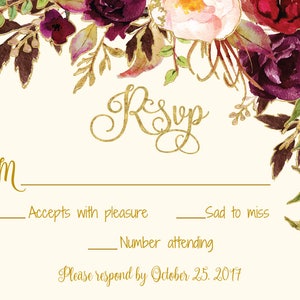 Marsala Wedding Invitation Template Printable / Editable / Marsala Floral Watercolor Gold ...