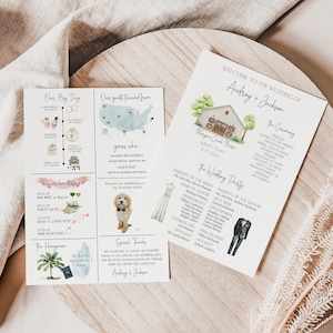 May include: Two white wedding program cards featuring black text, watercolor illustrations of a barn, a dog, a dress, and a suit. The cards include sections titled Our Big Day, Our guests traveled from, Welcome to the wedding of Audrey and Jackson, and The Wedding Party.