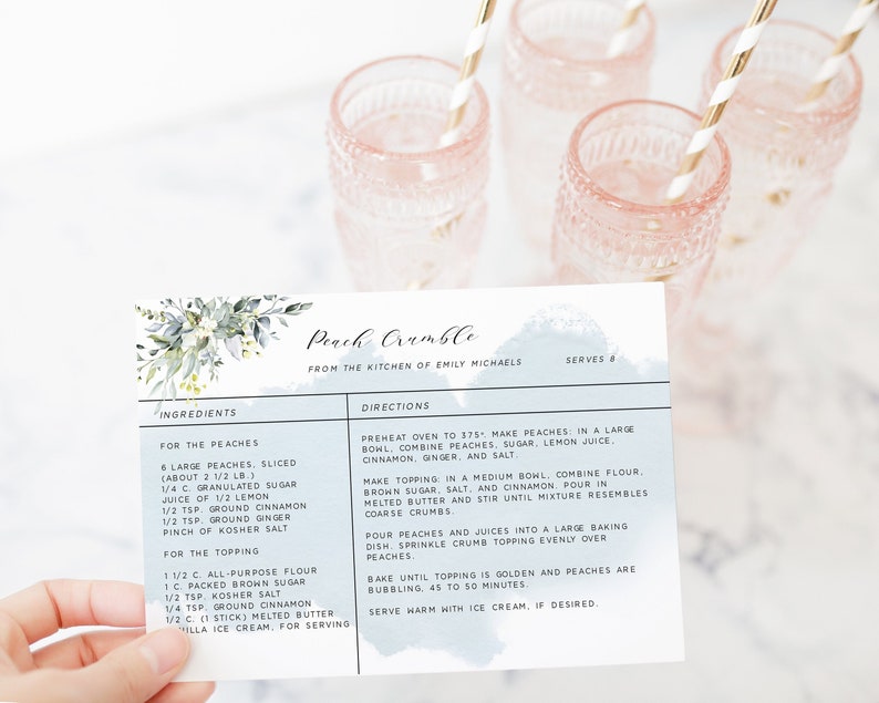 4x6 DIY Editable Recipe Card Template Dusty Blue Printable Recipe Card Instant Download Succulent Recipe Card Template Bridal Shower