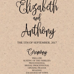 Wedding Program Template Printable / Editable 5x7 Calligraphy Script DIY Print on Kraft Paper or Light Card Stock / Rustic Wedding image 3