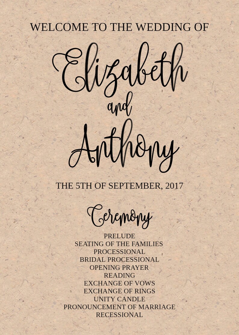 Wedding Program Template Printable / Editable 5x7 Calligraphy Script DIY Print on Kraft Paper or Light Card Stock / Rustic Wedding image 3