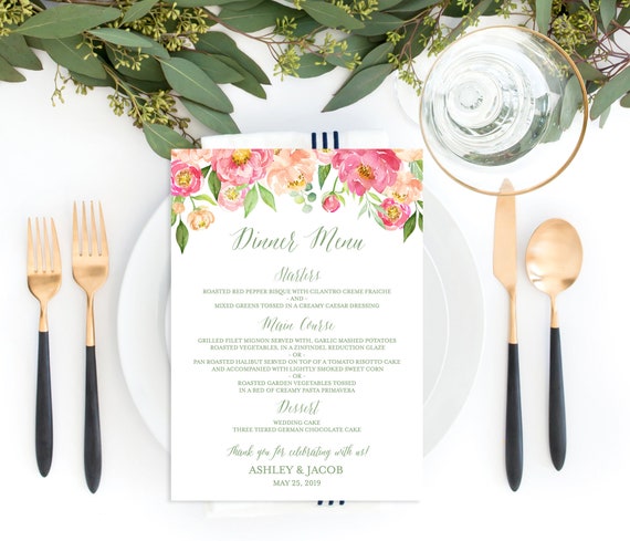 Watercolour Coral Magnolias Personalised Wedding Menu Cards 