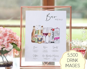 Op de afbeelding: Een wit bar-menubord in een geometrisch roségouden frame met aquarelillustraties van bierflesjes, wijnglazen en seltzerblikjes. De tekst luidt Bar Menu, Beer, Wine, Spirits, Seltzer en Non-Alcoholic/Mixers met bijbehorende dranklijsten.