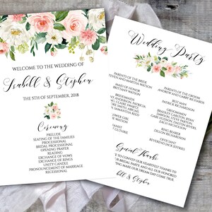 Printable Blush Pink Floral Greenery Wedding Program Template, DIY Editable Boho Rustic Botanical Ceremony Order of Events, Download MP08