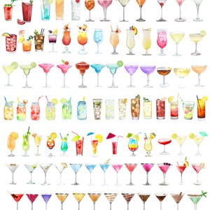 May include: A watercolor illustration of a variety of cocktails and mixed drinks. The drinks are arranged in rows and include classic cocktails like margaritas, martinis, and daiquiris, as well as more unique creations. The illustration is done in a bright and colorful style, with each drink featuring its own unique color scheme.