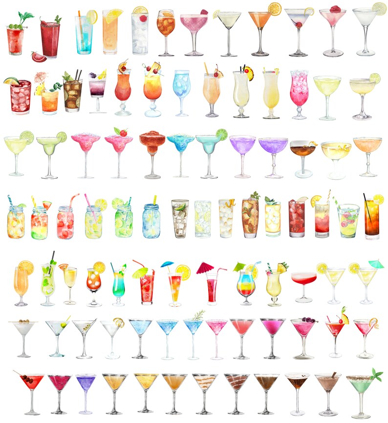 May include: A watercolor illustration of a variety of cocktails and mixed drinks. The drinks are arranged in rows and include classic cocktails like margaritas, martinis, and daiquiris, as well as more unique creations. The illustration is done in a bright and colorful style, with each drink featuring its own unique color scheme.