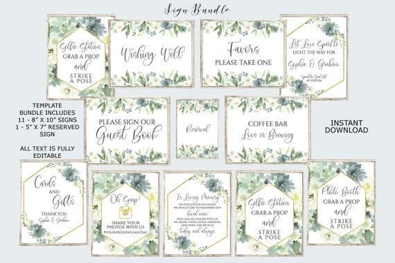 Wedding Signs Template, Wedding Signage, Dusty Blue Wedding Signs Printable, Succulent Wedding Signs, Wedding Sign Bundle, Greenery Signs Il_570xn