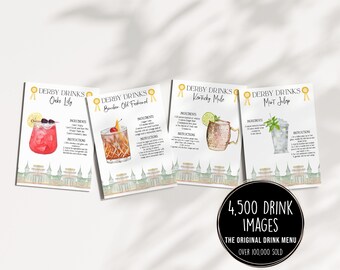 Kentucky Derby Party Cocktail Recipe Cards, Editable Derby Day Party Drink Signs, Mint Julep, Kentucky Mule, Oaks Lily, Old Fashioned, DIY