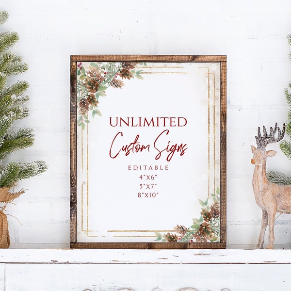 Christmas Wedding Sign Bundle, Holiday Wedding Signs Editable Template, Unlimited Winter Wedding Signage, Pine Cone Gold Rustic Printable