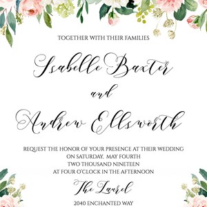 May include: Wedding invitation with floral border. The invitation announces the wedding of Isabelle Baxter and Andrew Ellsworth on Saturday, May 4th, 2019 at 4:00 PM at The Laurel, 2040 Enchanted Way, Grapevine, Texas. Reception to follow.