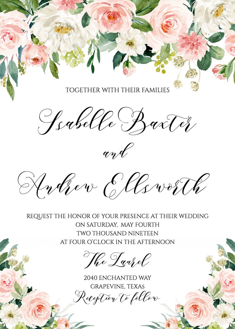 May include: Wedding invitation with floral border. The invitation announces the wedding of Isabelle Baxter and Andrew Ellsworth on Saturday, May 4th, 2019 at 4:00 PM at The Laurel, 2040 Enchanted Way, Grapevine, Texas. Reception to follow.