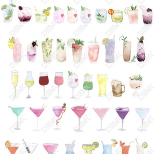 May include: A set of 41 watercolor illustrations of different types of drinks, including cocktails, mocktails, and alcoholic beverages. The illustrations are in various colors and styles, and they are all set against a white background.