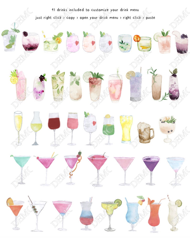 May include: A set of 41 watercolor illustrations of different types of drinks, including cocktails, mocktails, and alcoholic beverages. The illustrations are in various colors and styles, and they are all set against a white background.