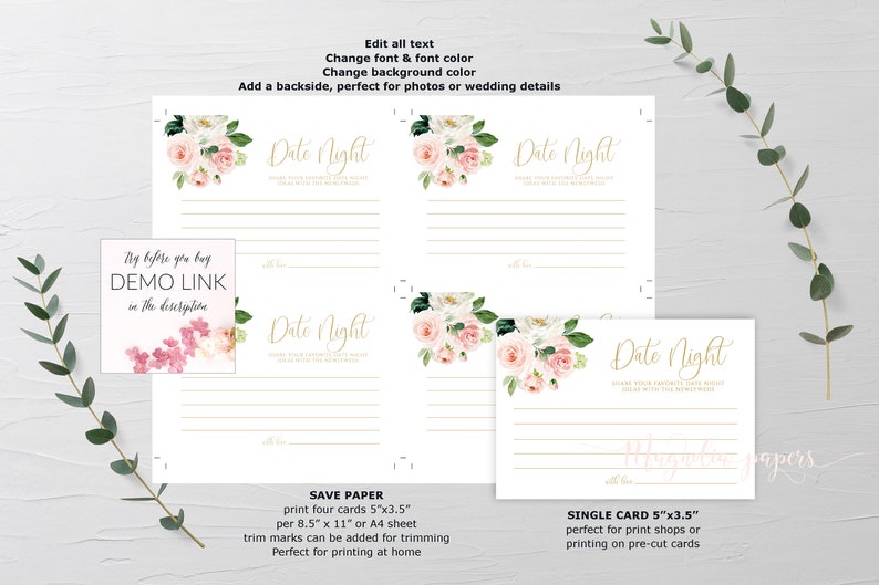 Shower Game Printable Blush Pink and Gold Floral Bridal Shower Date Night Card Template DIY Editable Advice Card Template Instant Download