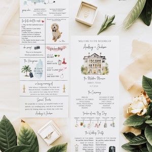 May include: A wedding program with a watercolor illustration of a house and a timeline of the wedding day. The program includes the names of the bride and groom, Audrey and Jackson, the wedding date, and the names of the wedding party.
