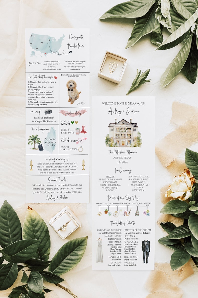 May include: A wedding program with a watercolor illustration of a house and a timeline of the wedding day. The program includes the names of the bride and groom, Audrey and Jackson, the wedding date, and the names of the wedding party.