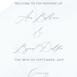 May include: Wedding invitation with a watercolor floral design in shades of blue and green. The text reads "Welcome to the wedding of Ava Baldwin & Bryant Dalton The 18th of September, 2019 Ceremony Prelude Seating of the families Processional Bridal Processional Opening Prayer Reading Exchange of vows Exchange of rings Unity Candle Pronouncement of marriage Recessional"