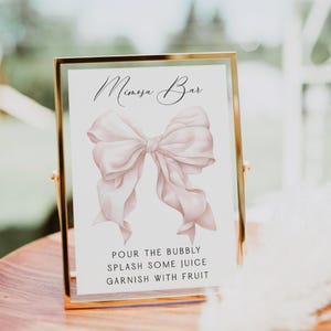 Editable Pink Bow Shower Mimosa Bar Sign Template, Coquette Pink Bow Baby or Bridal Shower Mimosa Sign, Printable Momosa Bar Table Sign