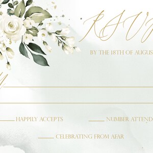 May include: A white and green floral RSVP card with the text "RSVP by the 18th of August". The card has a line for the guest's name, a checkbox for "Happily Accepts", a line for the number attending, and a checkbox for "Celebrating from Afar".