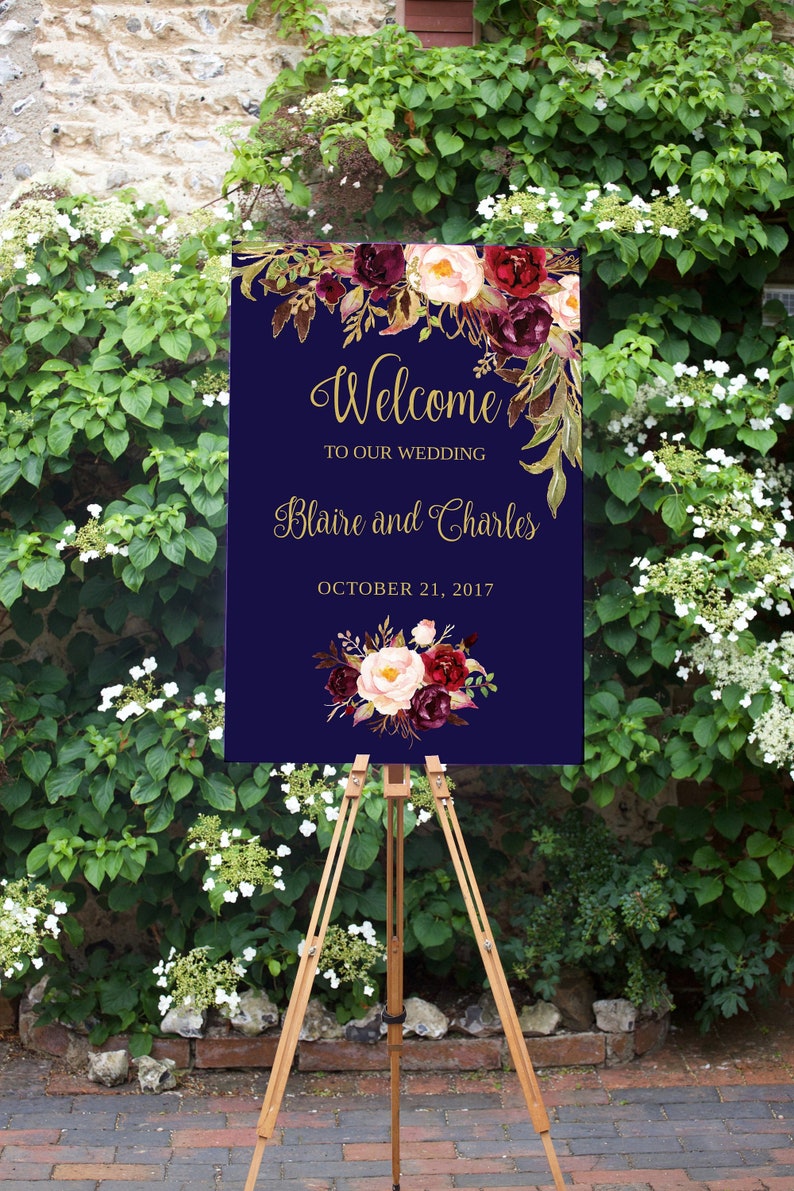 Welcome Wedding Sign Template Navy Burgundy And Pink Floral Etsy