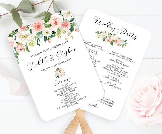 wedding program fan template blush pink wedding program fan