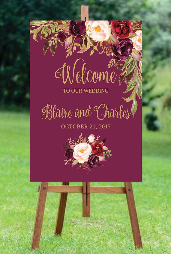 Welcome Wedding Sign Template / Editable / Three Sizes 16x20, 18x24, 24x36 - Fall Floral - Gold / Blush / Burgundy / Marsala / Wine Rustic Il_570xn