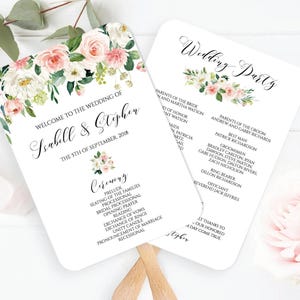 May include: Two white wedding program fans with rounded corners, featuring watercolor pink and white floral illustrations at the top. The text reads Welcome to the Wedding of Isabell & Stephen, The 5th of September, 2018, Ceremony, and Wedding Party.