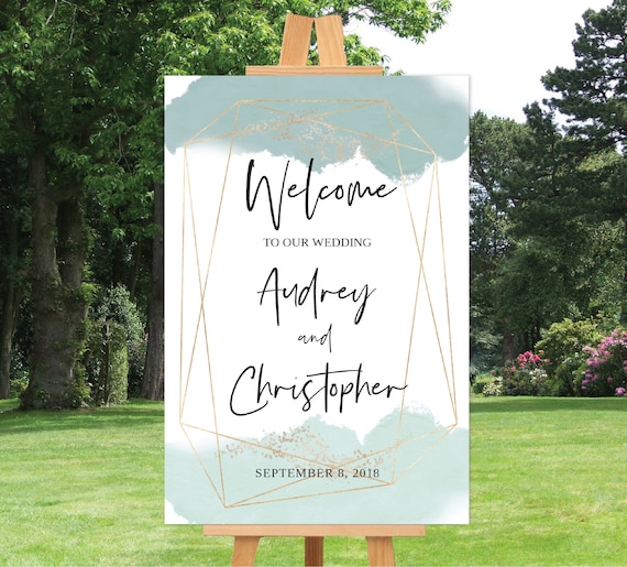 Wedding Welcome Sign Template, Wedding Welcome Sign Printable, Geometric Gold Wedding Sign, 16x20, 18x24, 24x36, Green, Teal Welcome Sign Il_570xn