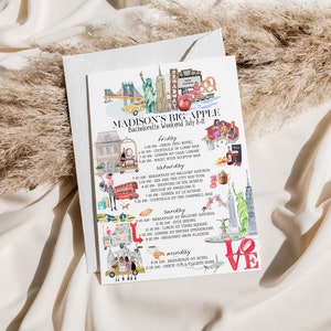 May include: A colorful itinerary for a bachelorette weekend in New York City, titled "Madison's Big Apple". The itinerary includes activities for Friday, Saturday, Sunday, and Monday, with details about each day's events. The design features iconic New York City landmarks and symbols, such as the Statue of Liberty, the Brooklyn Bridge, and yellow taxis.