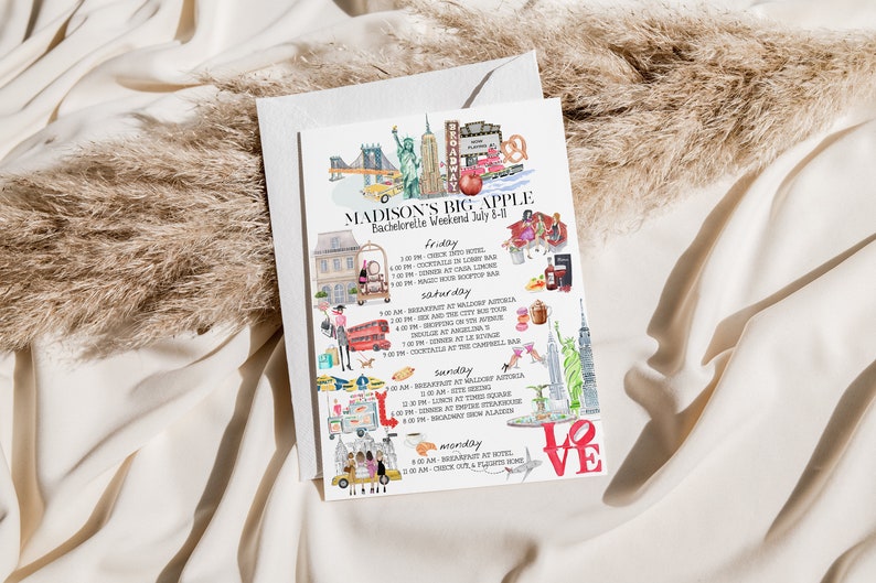 May include: A colorful itinerary for a bachelorette weekend in New York City, titled "Madison's Big Apple". The itinerary includes activities for Friday, Saturday, Sunday, and Monday, with details about each day's events. The design features iconic New York City landmarks and symbols, such as the Statue of Liberty, the Brooklyn Bridge, and yellow taxis.