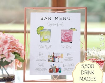 Op de afbeelding: Een wit bar-menubord in een geometrisch roségouden frame. Het menu bevat aquarelillustraties van een margarita en een sea breeze, met lijsten voor bier, wijn, sterke drank en alcoholvrije dranken, inclusief tekstlabels voor elk item.