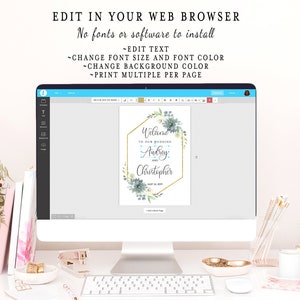 May include: A computer screen displaying a wedding welcome sign template with a gold geometric frame and watercolor floral design. The text on the sign reads "Welcome to our wedding Audrey and Christopher May 24, 2019".