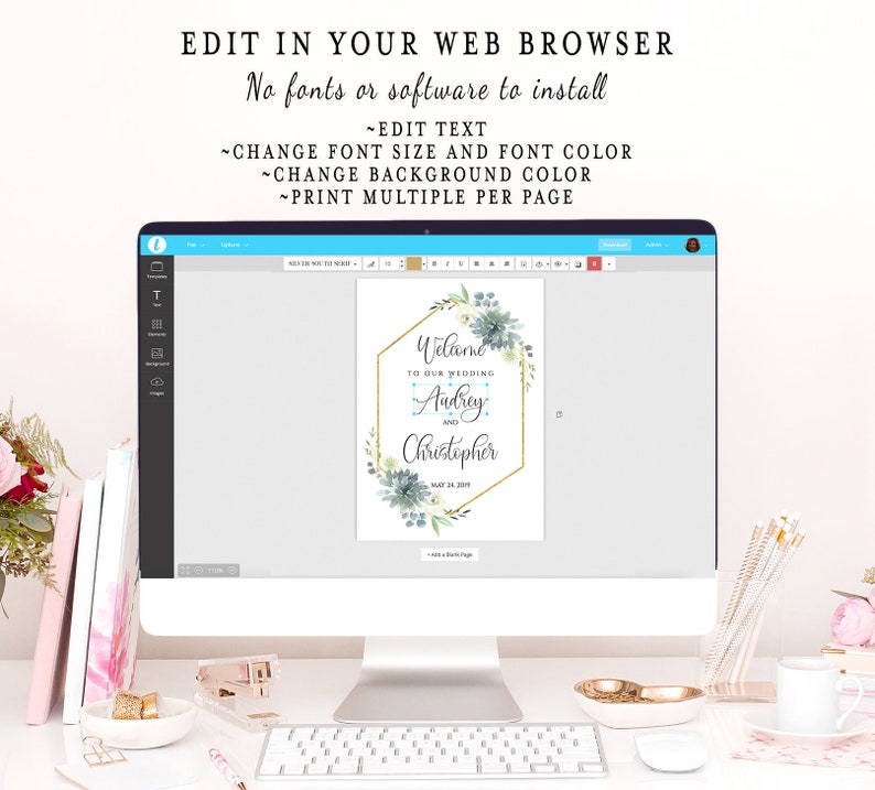 May include: A computer screen displaying a wedding welcome sign template with a gold geometric frame and watercolor floral design. The text on the sign reads "Welcome to our wedding Audrey and Christopher May 24, 2019".
