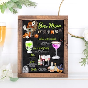 Sinal editável do menu do bar de Halloween, modelo de coquetéis de Halloween em quadro-negro, modelo de menu de bebidas, bebidas exclusivas, NOVAS imagens de bebidas de Halloween
