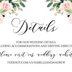 May include: A wedding details sign with pink and white floral borders. The text reads "Details" in a cursive font. The text below reads "For our wedding details, including accommodations and driving directions. Please visit our wedding website: THEKNOT.COM/US/ISABELLEANDANDREW"