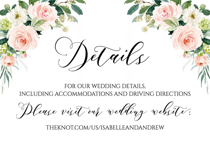 May include: A wedding details sign with pink and white floral borders. The text reads "Details" in a cursive font. The text below reads "For our wedding details, including accommodations and driving directions. Please visit our wedding website: THEKNOT.COM/US/ISABELLEANDANDREW"