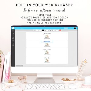 May include: A computer screen displaying a website with editable table cards. The cards feature floral designs and text that says "Amanda Foster", "Christine Foster", "Whitney Hollitt", and "Angela Cox".